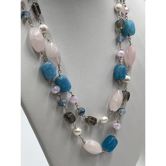 Handmade Sterling 925 Pink Blue Quartz Freshwater Pearl Double Strand Necklace - Picture 9 of 13